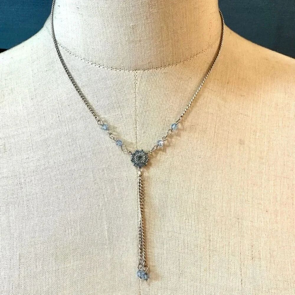 Silver tone blue crystal Y necklace